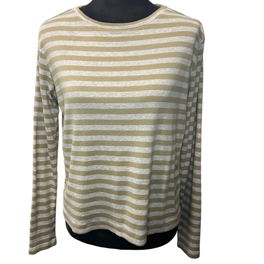 Vince Tan Grey Striped Pima Cotton Modal Long Sleeve Top Size M Casual Basic